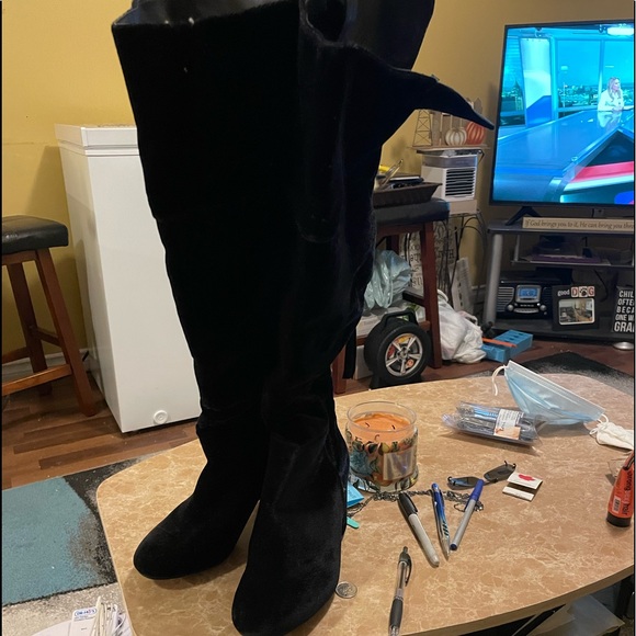 Black Faux Suede over the knee block heel boots - Picture 9 of 9